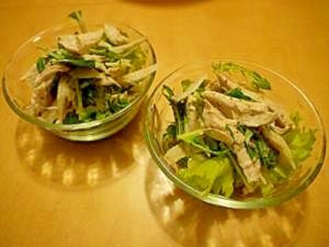 鳥胸とごぼうと水菜のつぶマスタードサラダ